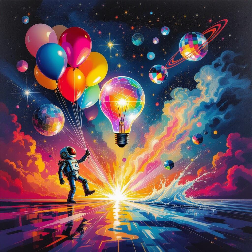 Surreal Robot With Balloons and Abstract Elements