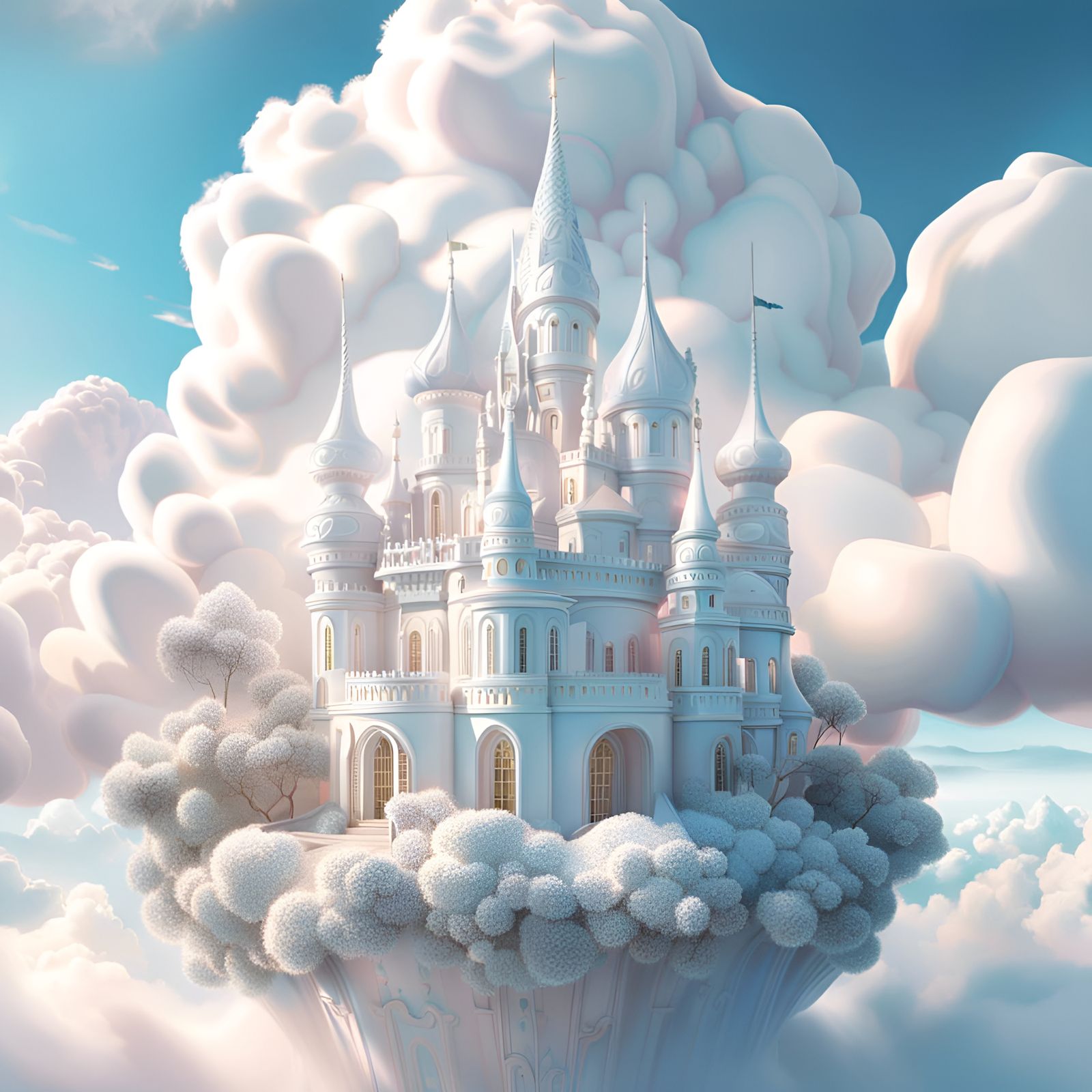 Dreamy White Castle Floating on Clouds