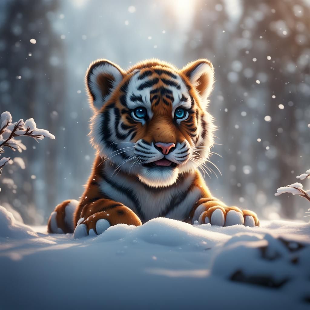 Happy Tiger Cub Playing in Winter Snow