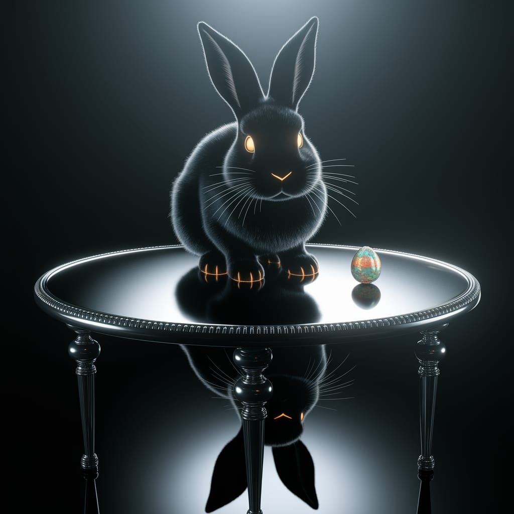 Enchanted Black Bunny Confronts Easter Egg in Dark, Mystical...