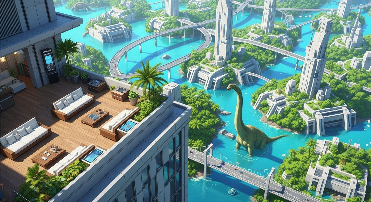 Futuristic Rooftop Terrace with Dinosaur in Manga Style