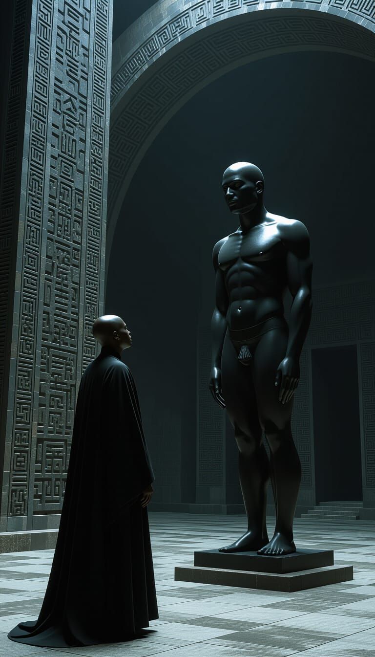Contemplative Monk and Colossal Sculpture in Epic Style