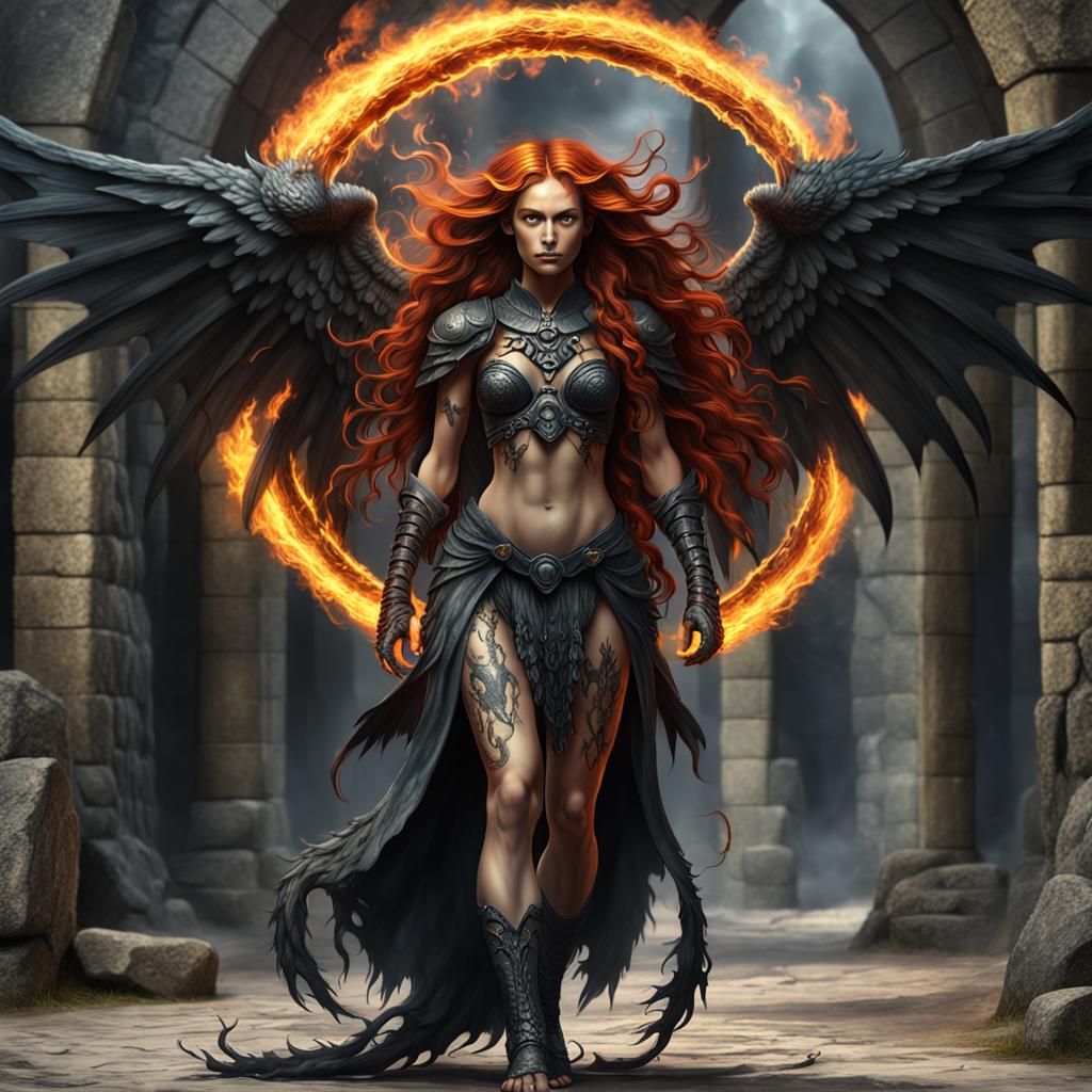 Serpentine Demon Woman with Fire Hair, Airbrush Painting