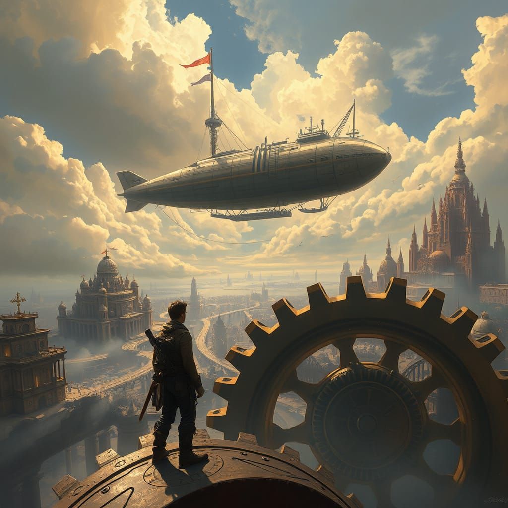 Steampunk Explorer Overlooks Clockwork Metropolis