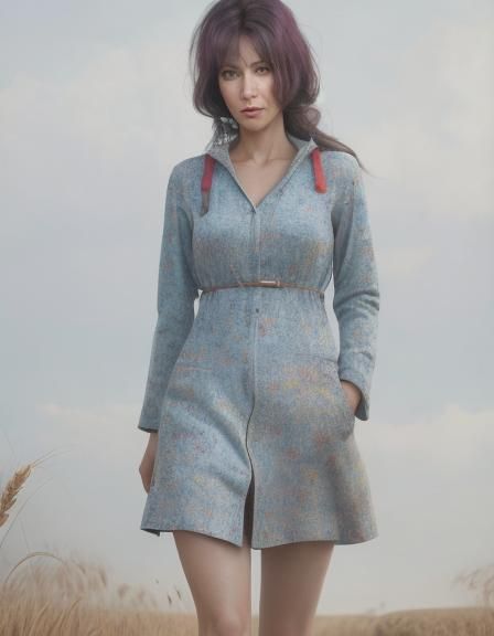 Sinister 60s Girl in Wheat Field, Hyperrealistic Portrait