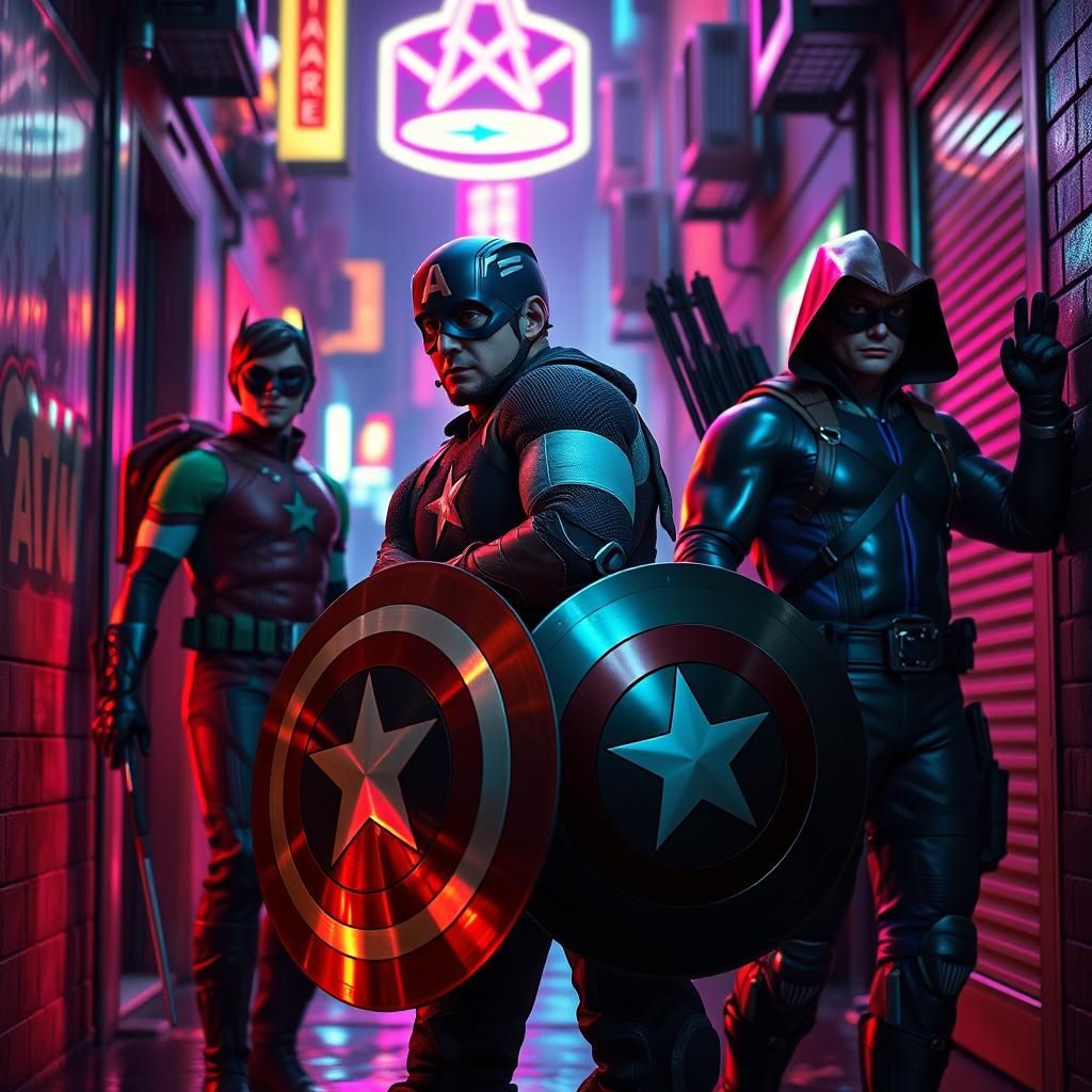 Captain America with Robin and Hawkeye in Synthwave Alley