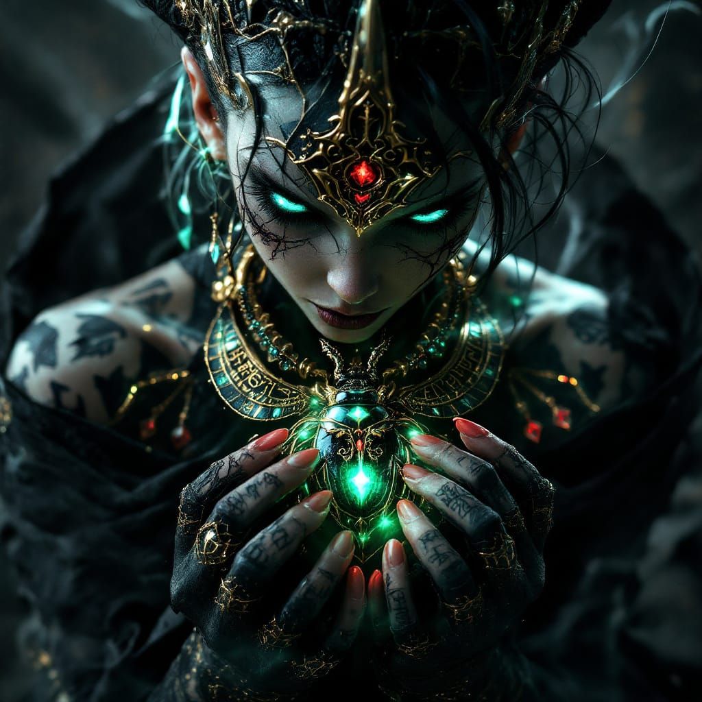 Dark Enchantress with Scarab Amulet in Cinematic Style