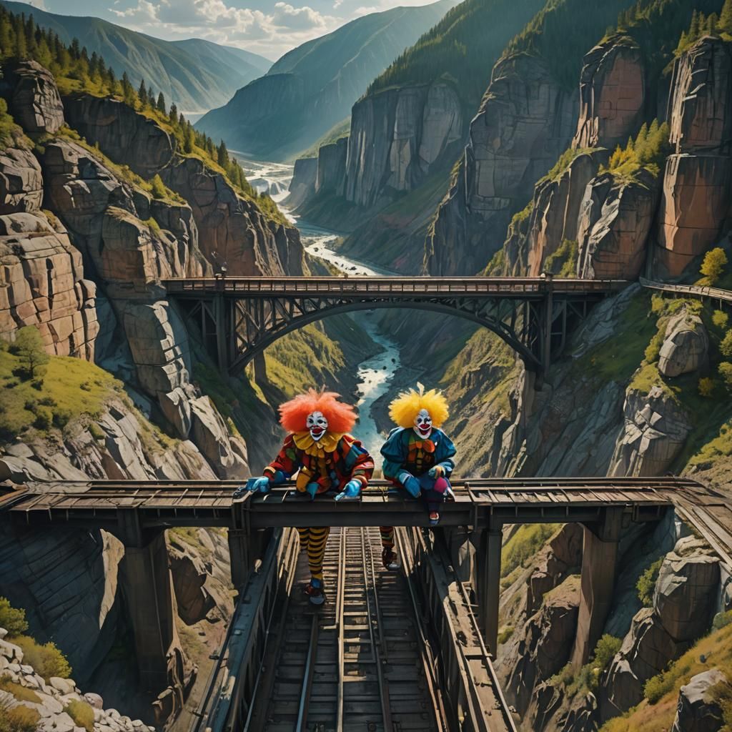 Clowns on Train Ride Through Mountain Landscape