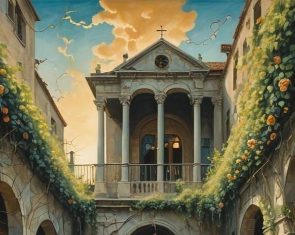 Women in Surreal Convent Setting, Inspired by 1920s Surreali...