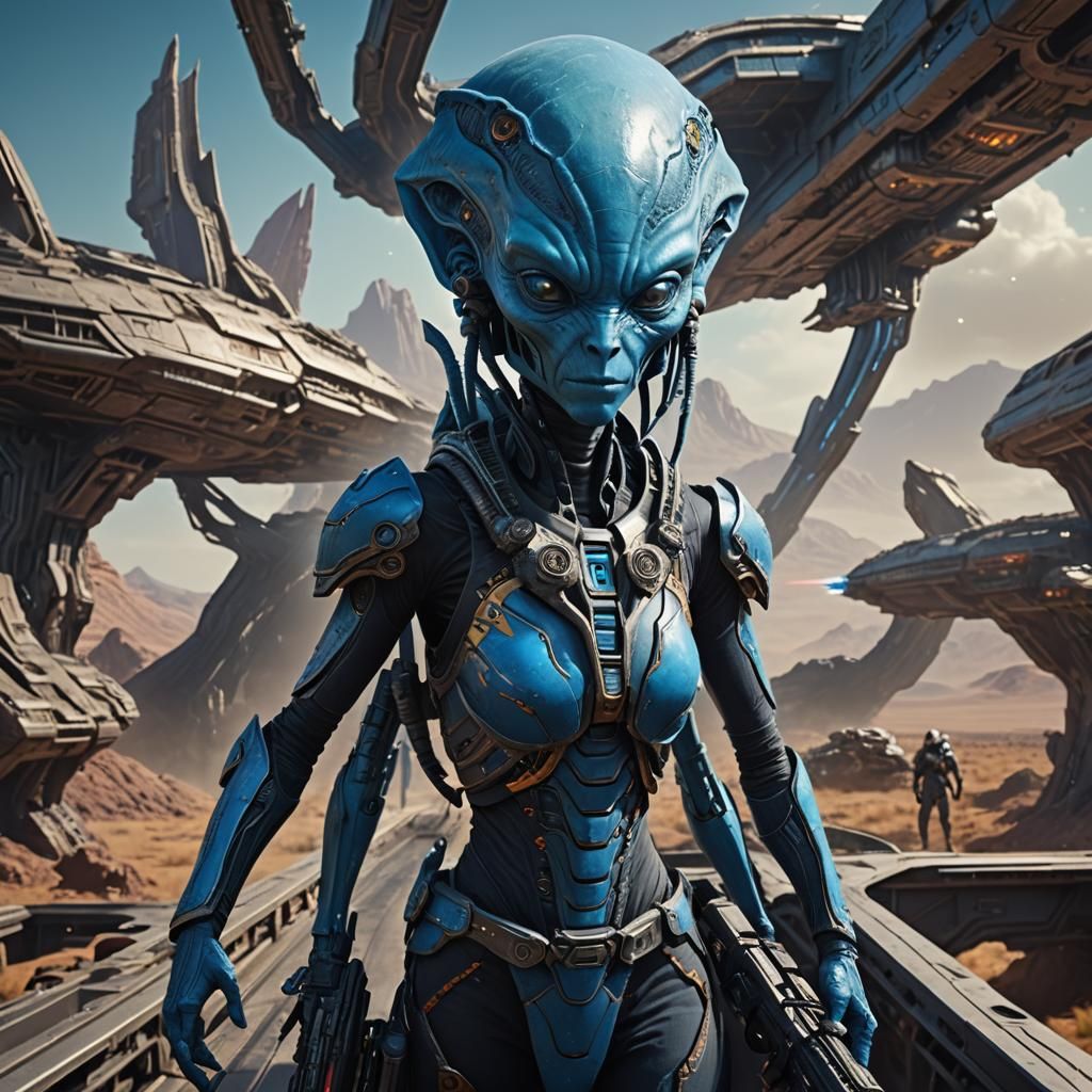 Blue Alien Aboard Starship: Fantasy Concept Art