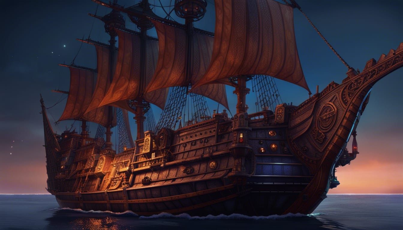 Detailed Pirate Ship on Cosmic Midnight Ocean