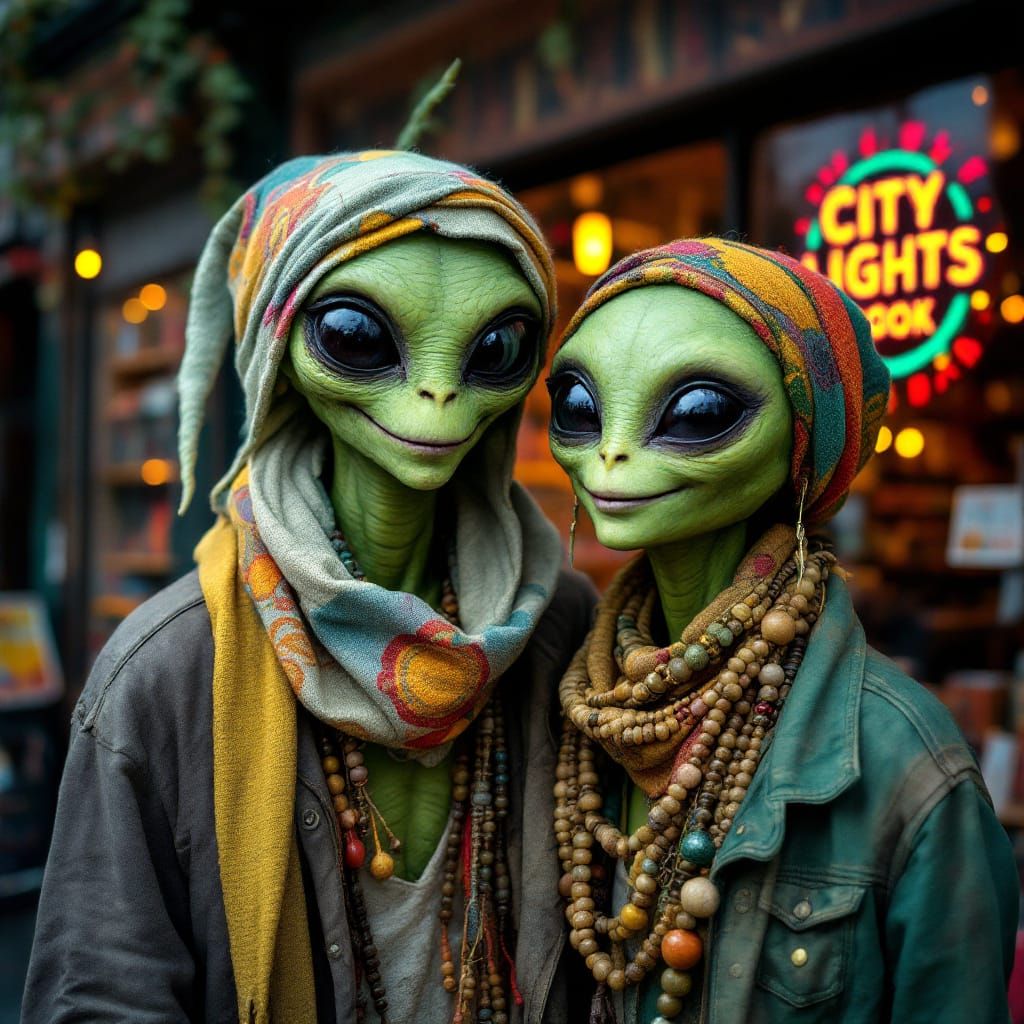 Green Alien Couple in San Francisco City Lights Bookstore