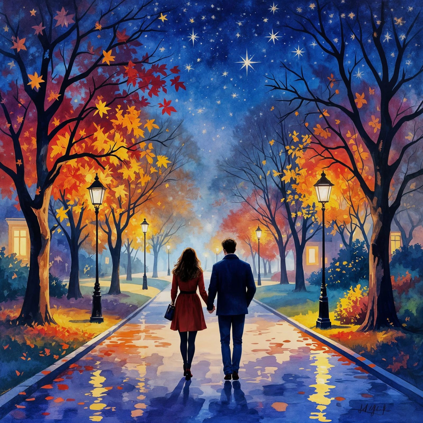 Autumn Night Stroll: A Watercolor Painting