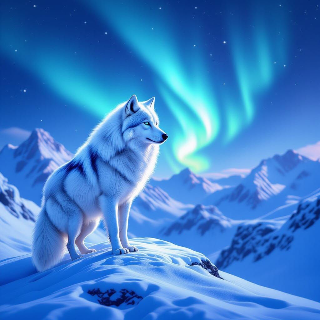 White Wolf Gazing at Aurora Borealis: Romantic Landscape
