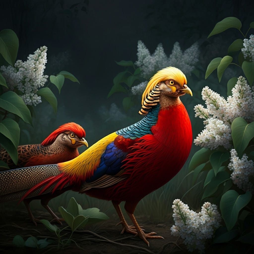 Ethereal Golden Pheasant Couple Amidst White Lilacs