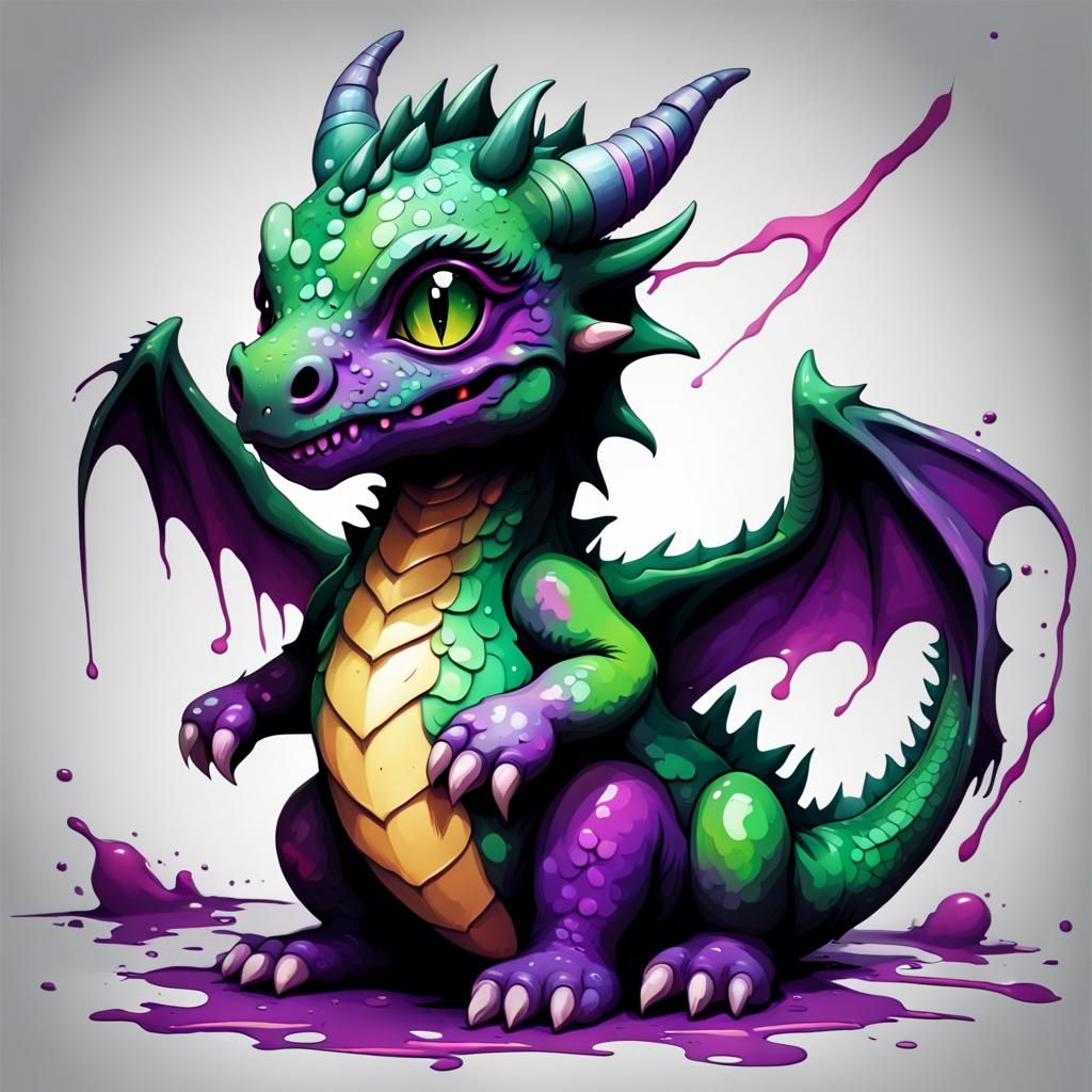 Cute Green Dragon in Graffiti Splash Art Style