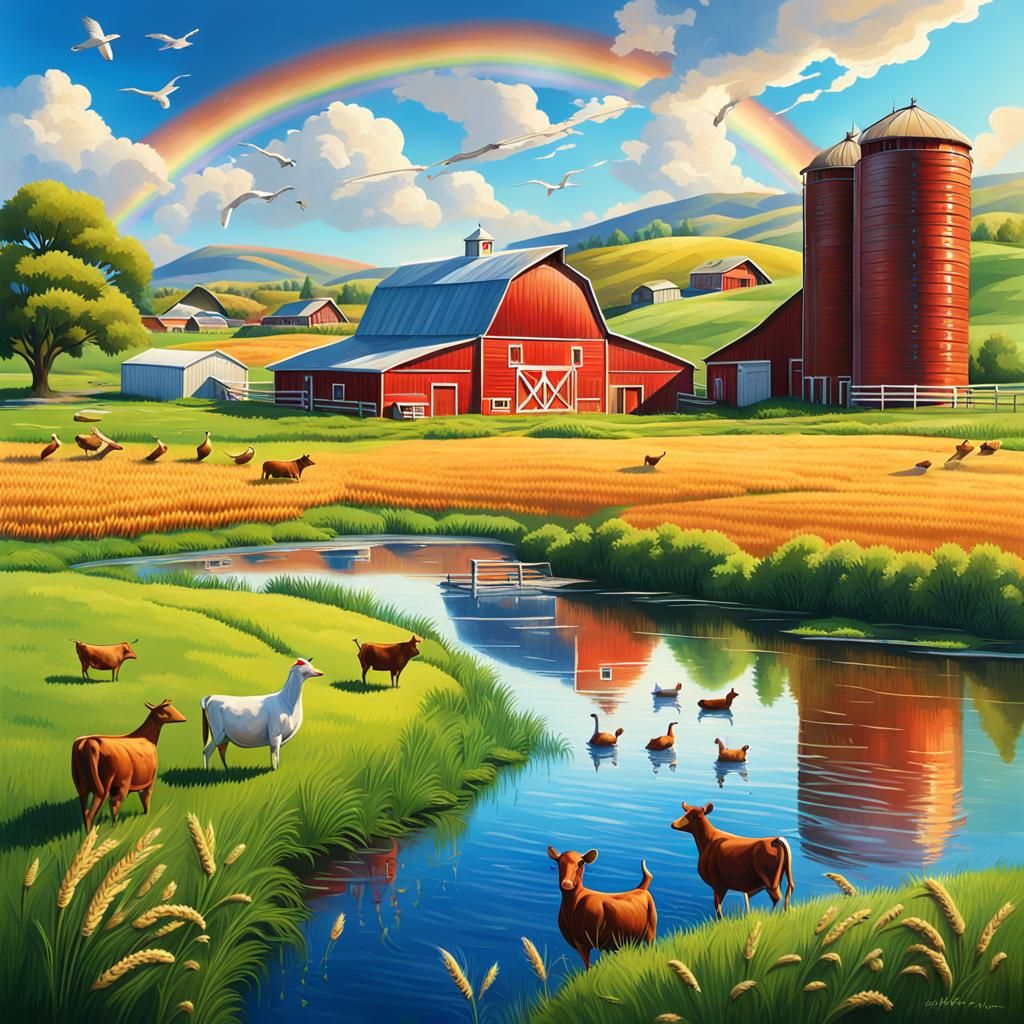 Hyperrealistic Farm and Ranch Scene with Rainbow