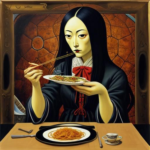 Surreal Japanese Gothic Girl Eats Spaghetti: Dali Style