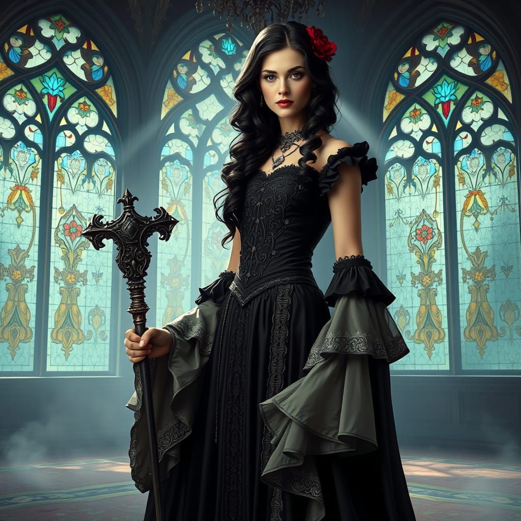 Gothic Elegant Woman in Hazy Great Room