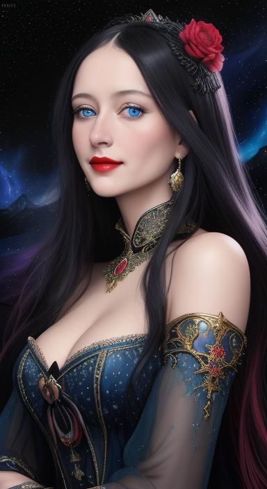 Beautiful Monalisa,blue eyes,maximalism,intricately detailed,magical,galactical