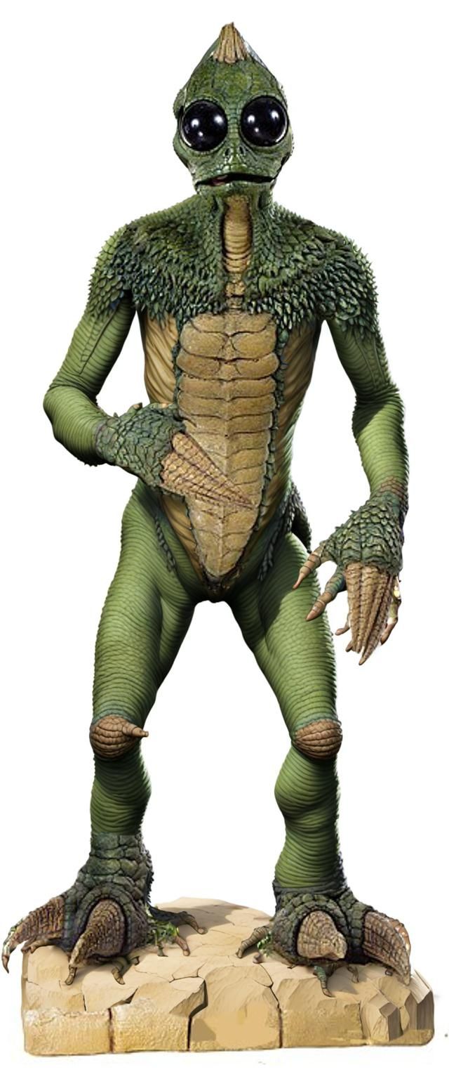 Hyperrealistic Sleestak as Superman in Lost World Cave