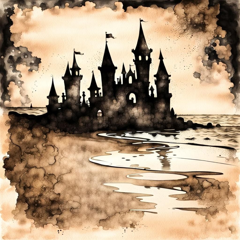 Sandcastle Silhouette with Steampunk Elements in Watercolor