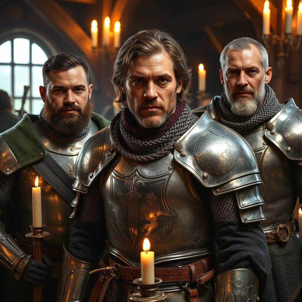 Noble Warriors in Armor, Candlelit Tavern Ambiance