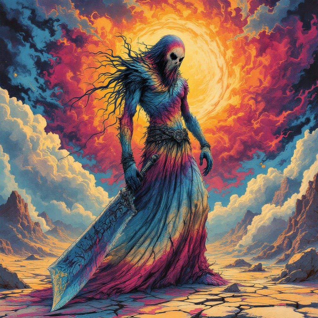 Surreal Ancient War-Walker in Weathered Tie-Dye Patterns