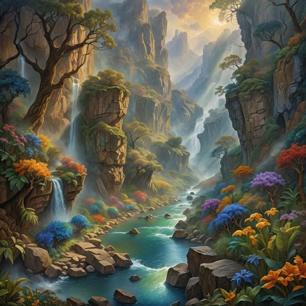 Expressionist River Canyon with Volumetric Lighting