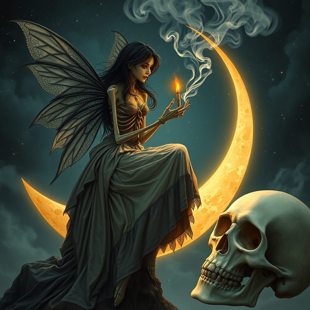 A surreal illustration featuring a dark-haired, skeletal fairy perched on a crescent moon, with intricate wings. She lig...