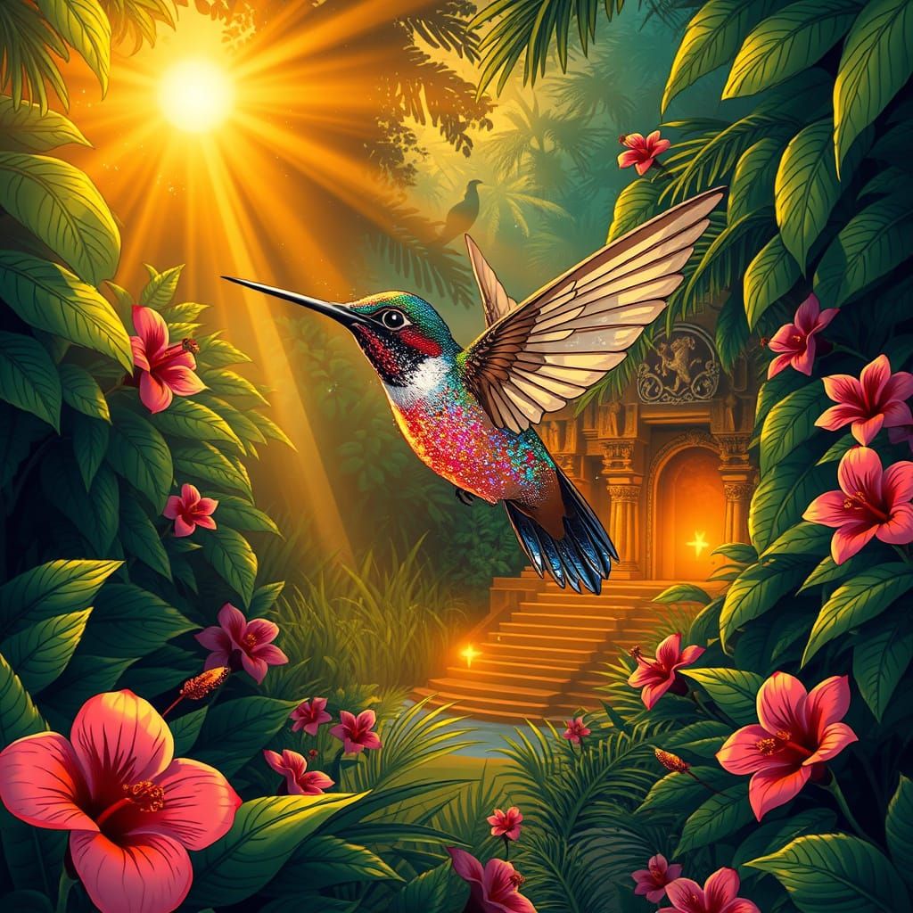 Luck-Filled Hummingbird in Vibrant Jungle During Golden Hour