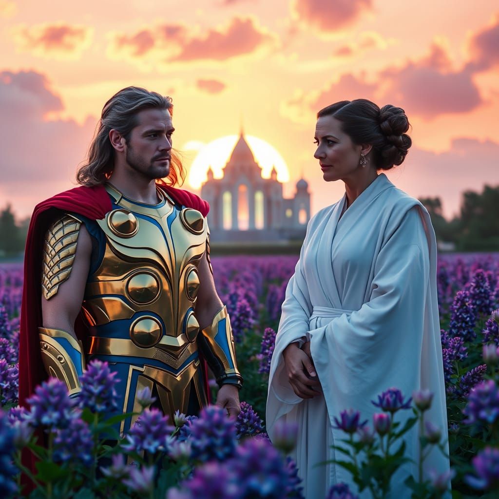 Thor and Princess Leia in Vibrant Retro-Futuristic Landscape