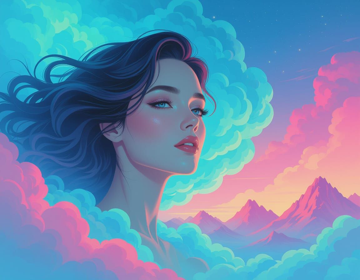 Ethereal Woman Emerging from Vaporwave Dreamscape