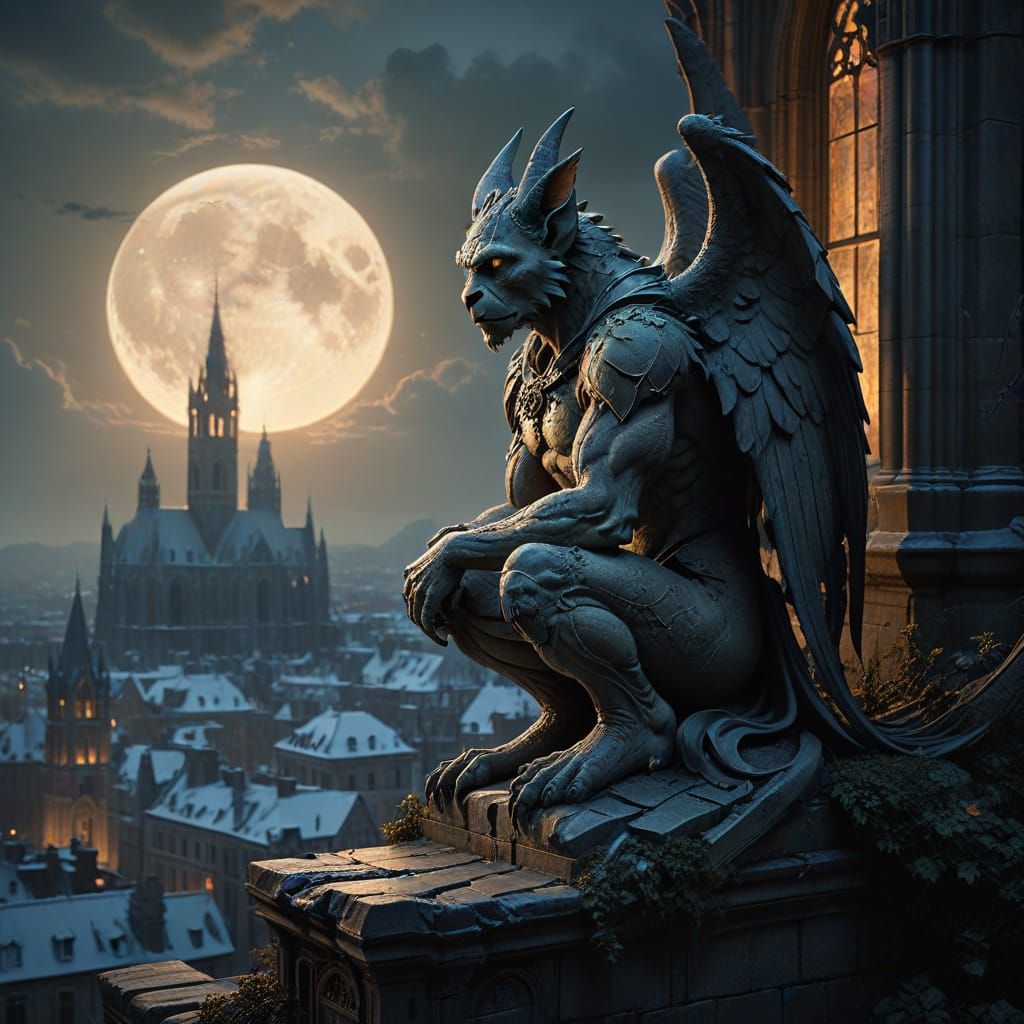 Clay Gargoyle Overlooks Gothic City in Jugendstil Style