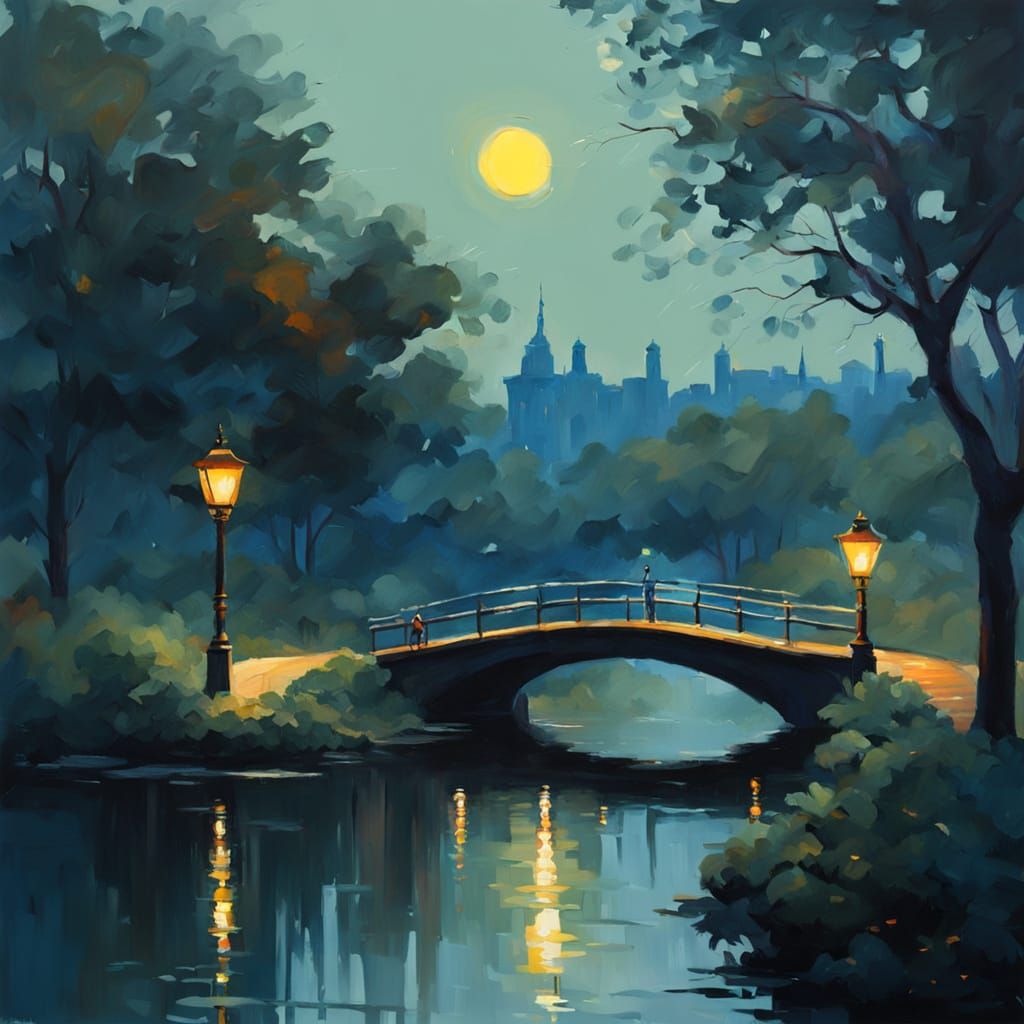 Night Bridge: Gouache Impressionism with Impasto Textures