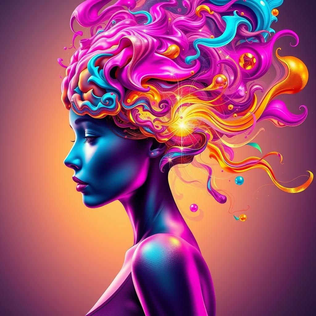 Abstract Digital Art: Woman's Brain with Ethereal Shapes