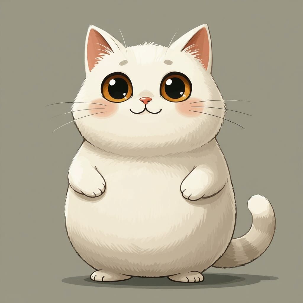 Chubby White Cat in Classic Cartoon Style