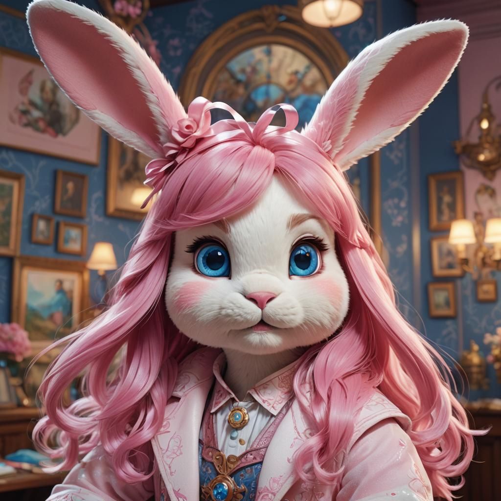 Pink Plush Bunny in Disney Room, Hyperdetailed Portrait