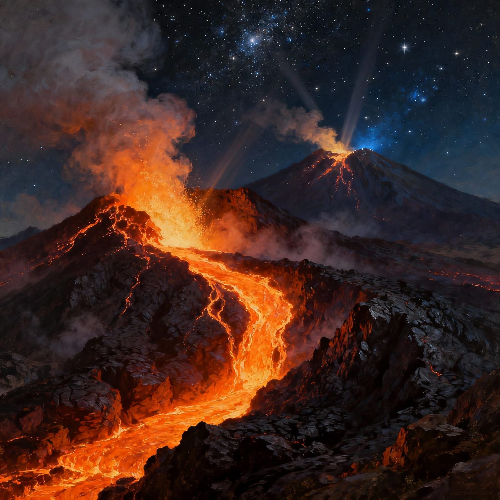Lava Waterfalls Under Starry Night Sky