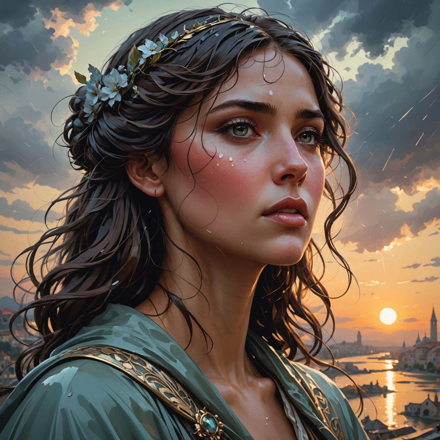 Sad Italian Woman in the Rain: Digital Art