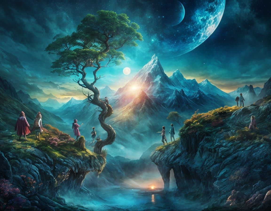 Surreal Mountain Meadow with Sun, Moon, and Portal