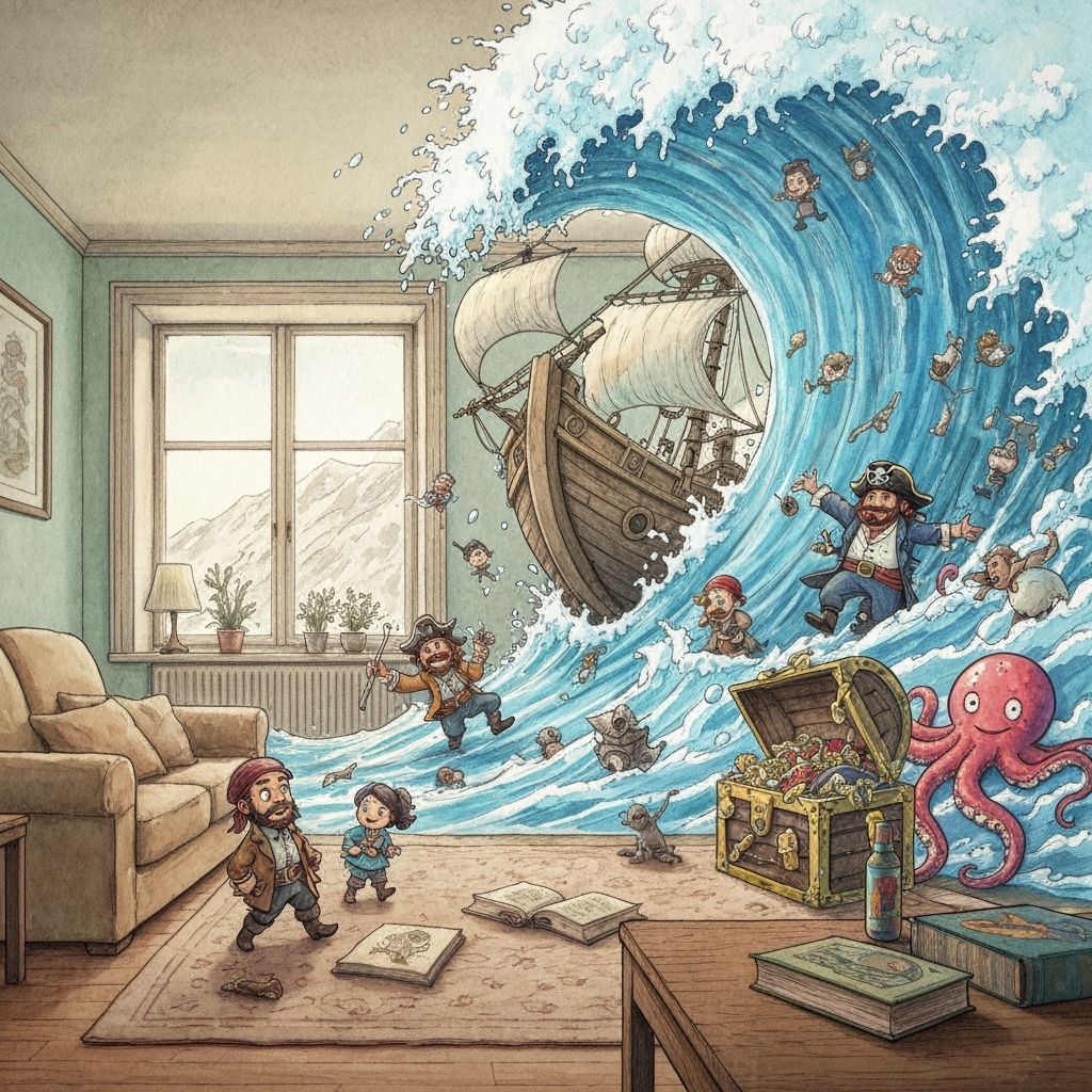 Whimsical Pirates Flood Living Room with Giant Wave
