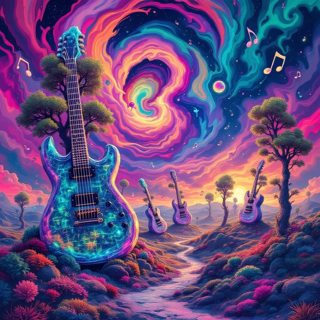 Surreal Crystal Guitar Forest with Musical Creatures