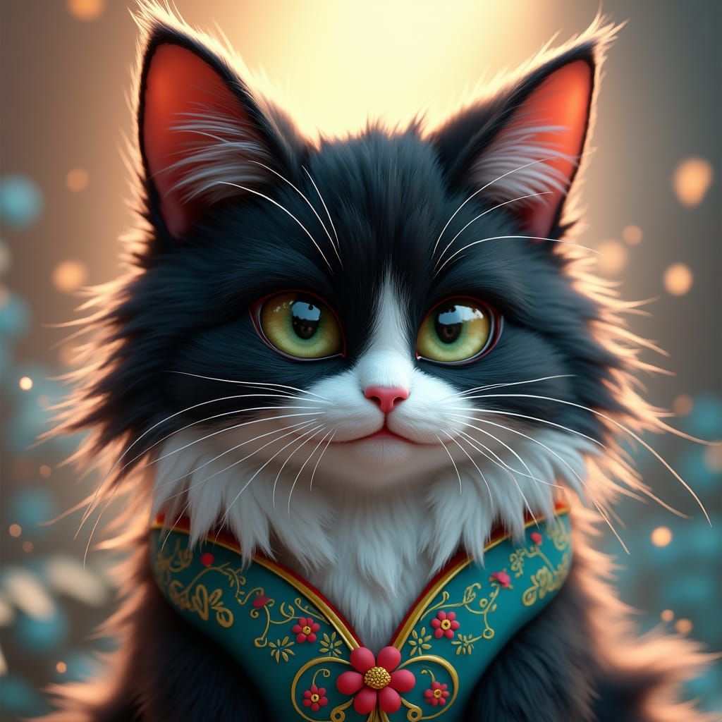 Floral Tuxedo Cat Portrait in 3D Digital Art