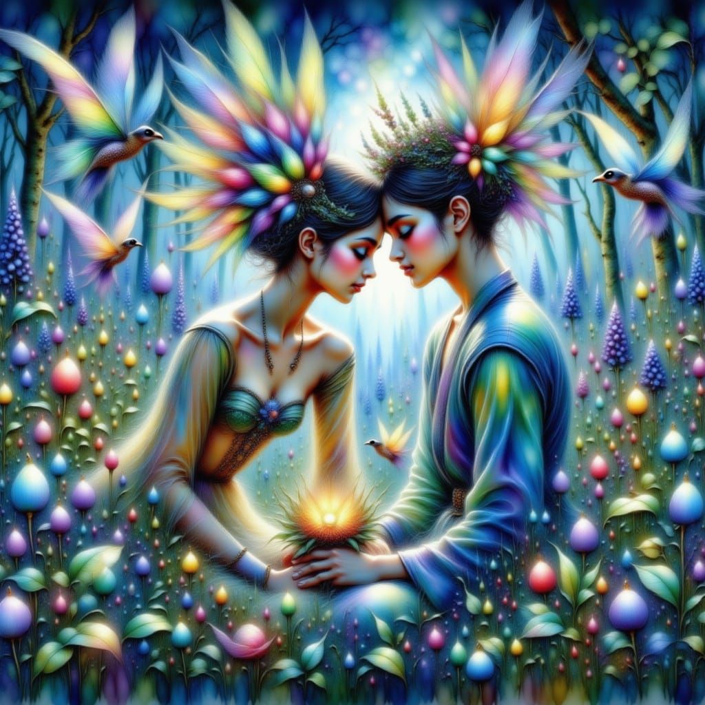 Ethereal Lovers in Bluebell Field, Watercolor Fantasy