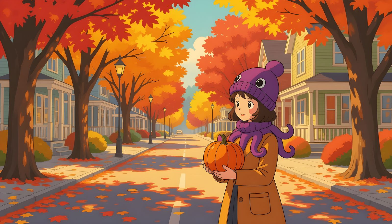 Cozy Small Town Street with Woman Holding Pumpkin in Ghibli ...