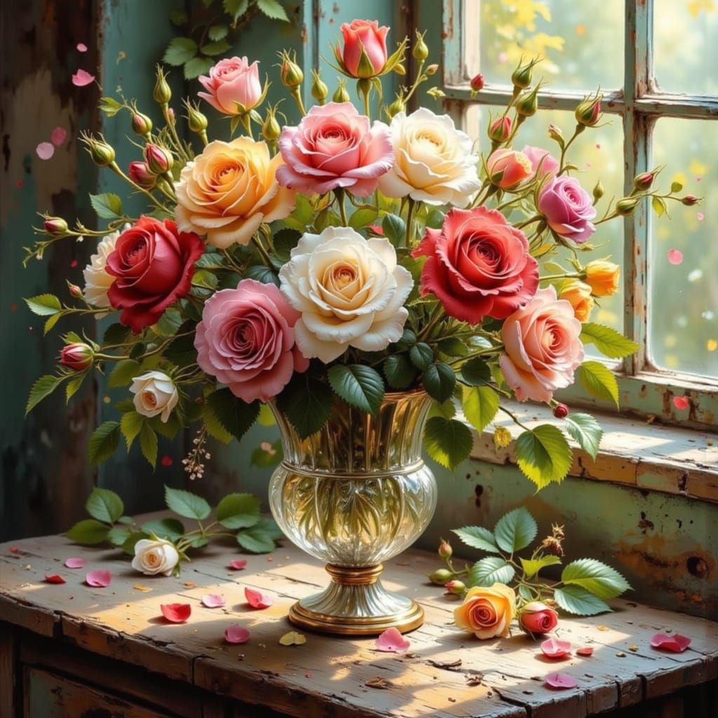 Roses in Crystal Vase by Sunlit Window