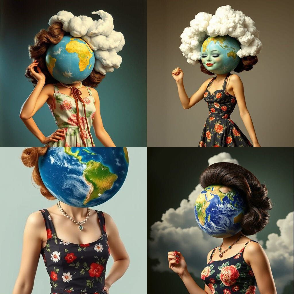 Earth as 50s Woman in Palazzo Dress with Cloud Hair