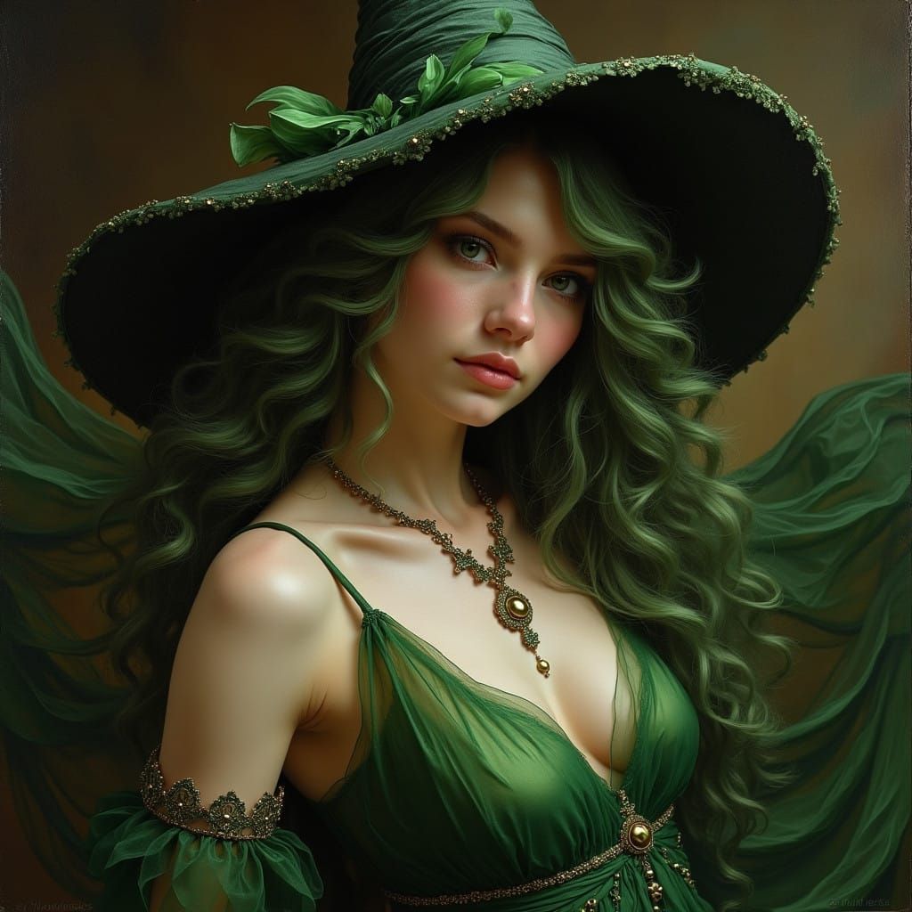 Sensual Green-Haired Witch in Portrait