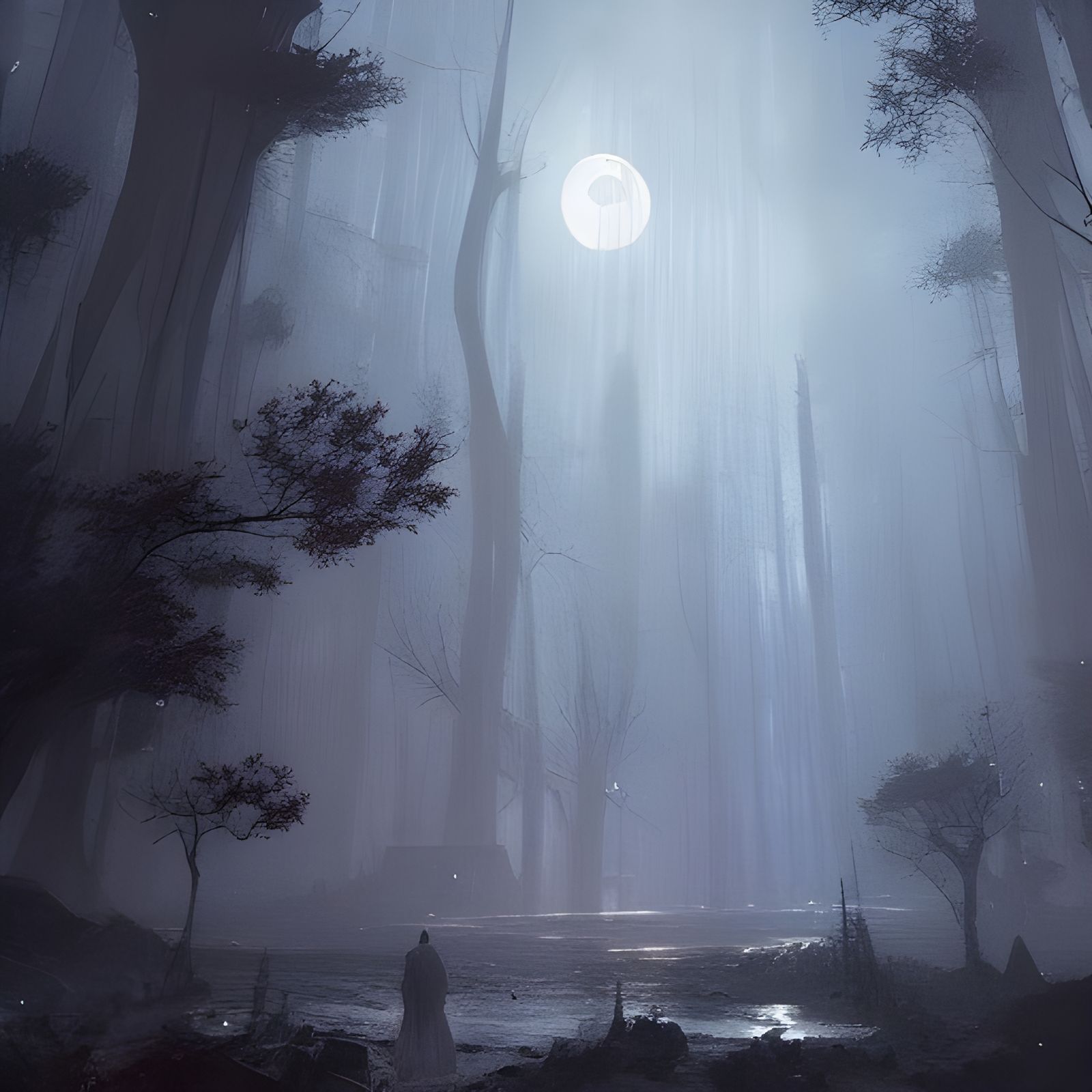 Forest, castle, night, full moon. Mystical mood. Wadim Kashin Greg Rutkowski's digital art detailed  painting
